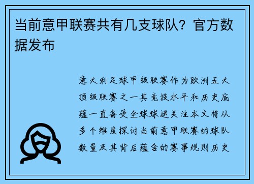 当前意甲联赛共有几支球队？官方数据发布