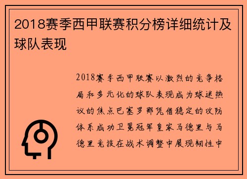 2018赛季西甲联赛积分榜详细统计及球队表现