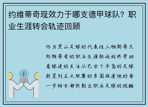 约维蒂奇现效力于哪支德甲球队？职业生涯转会轨迹回顾
